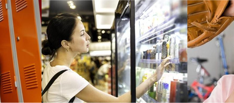 Montage of a teen drinking from a bottle near lockers, a woman choosing a drink from a cooler, and a child drinking from a can with a baseball glove overhead.