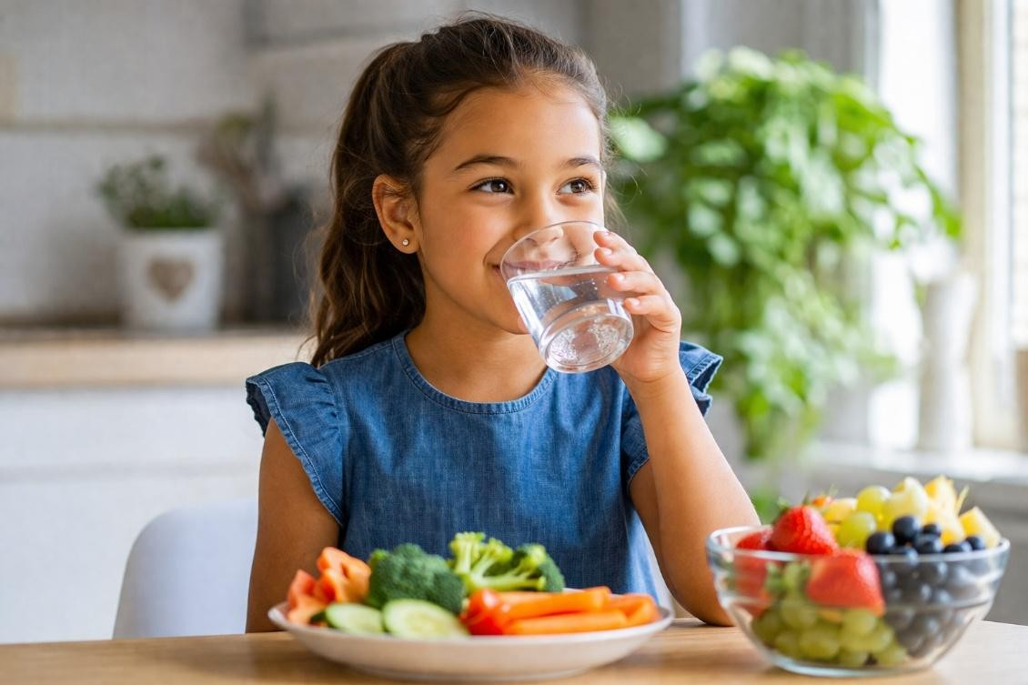 Young girl drinking water with a healthy plate of vegetables and a bowl of fruit.
